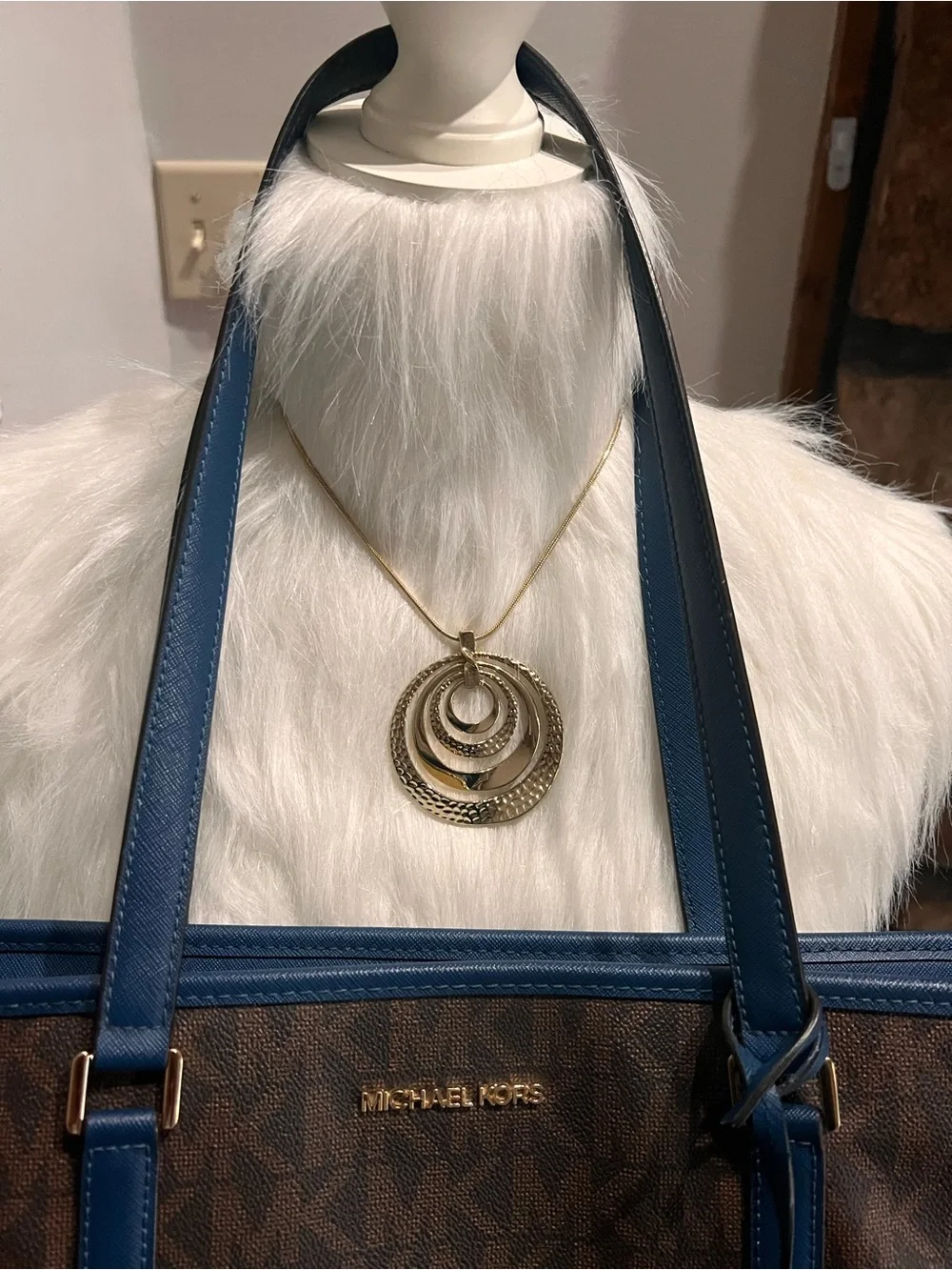 Michael Kors Brown Monogram Tote with Blue Trim and Gold Hardware